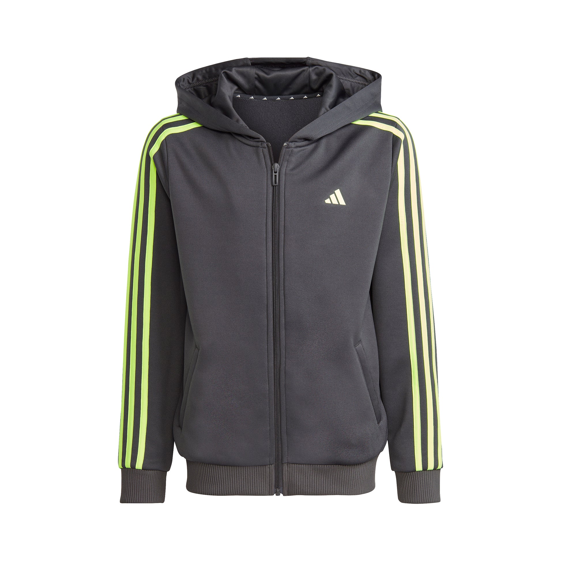 adidas Training ES 3 Stripes Full-Zip Sweatjacke Kinder - dunkelgrau, neongrün