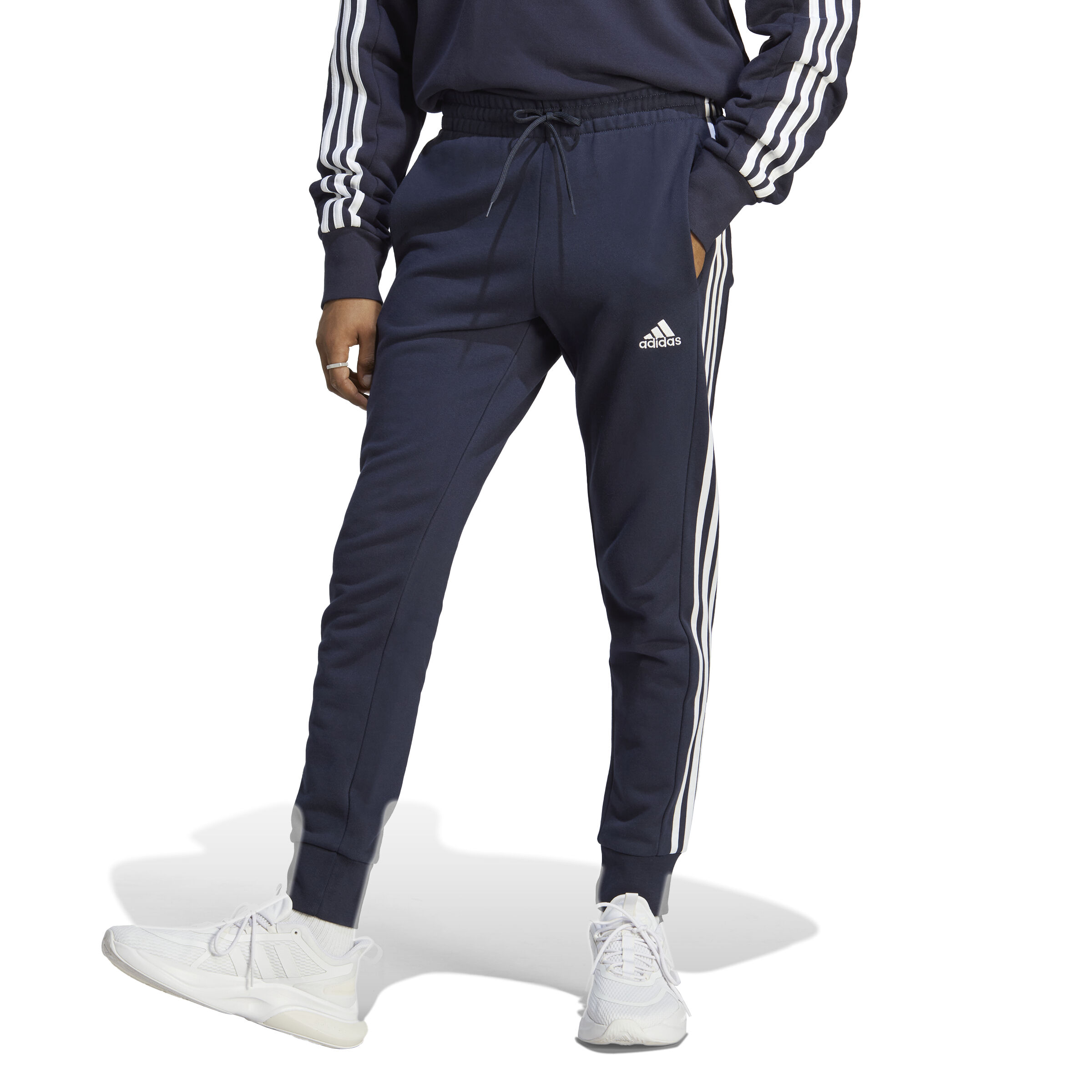 adidas Essentials French Terry Tapered Cuff 3 Stripes Trainingshose Herren Dunkelblau WeiB online kaufen Tennis Point AT