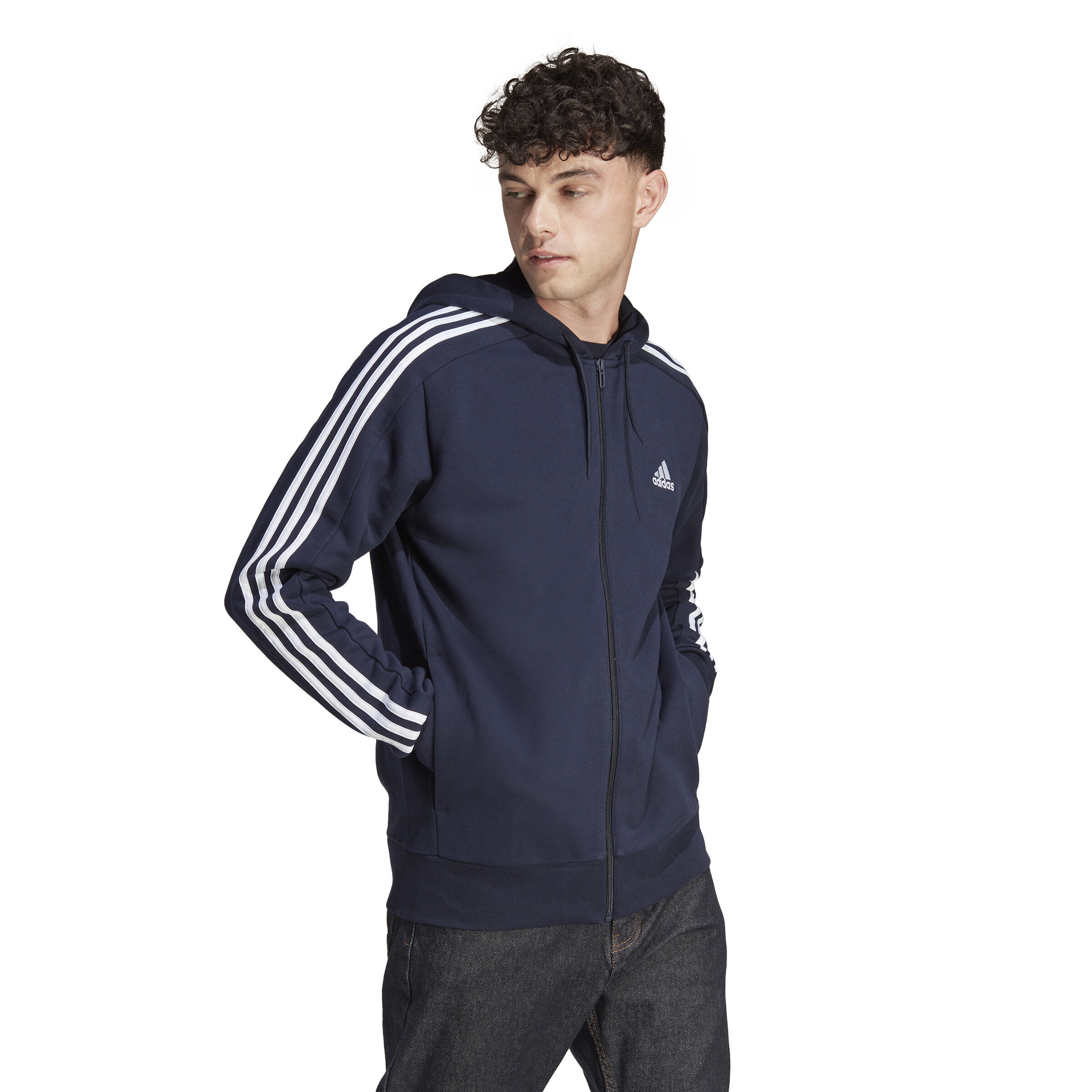 adidas Essentials French Terry 3 Stripes Full Zip Sweatjacke Herren Dunkelblau WeiB online kaufen Tennis Point AT