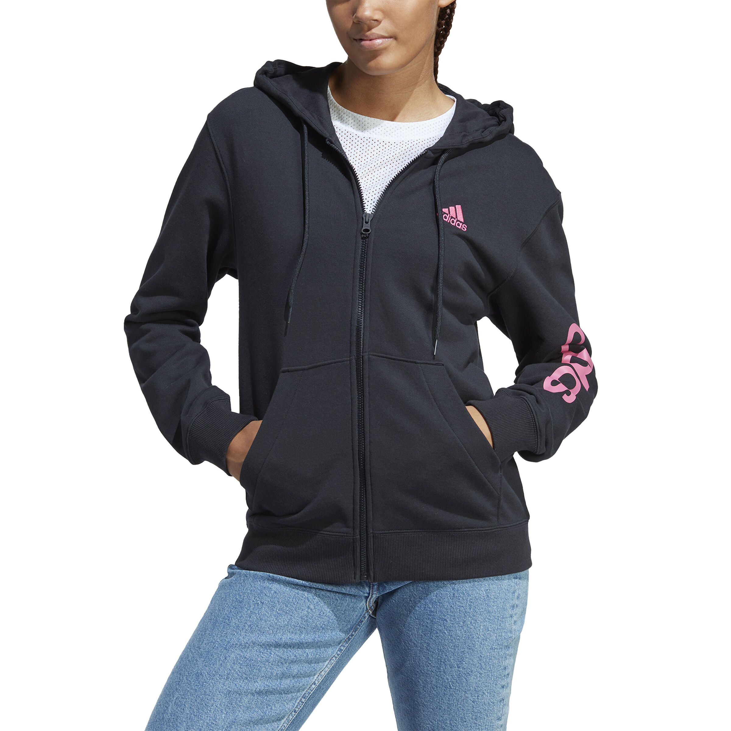 adidas Essentials Linear Full Zip French Terry Sweatjacke Damen Schwarz Pink online kaufen Tennis Point AT